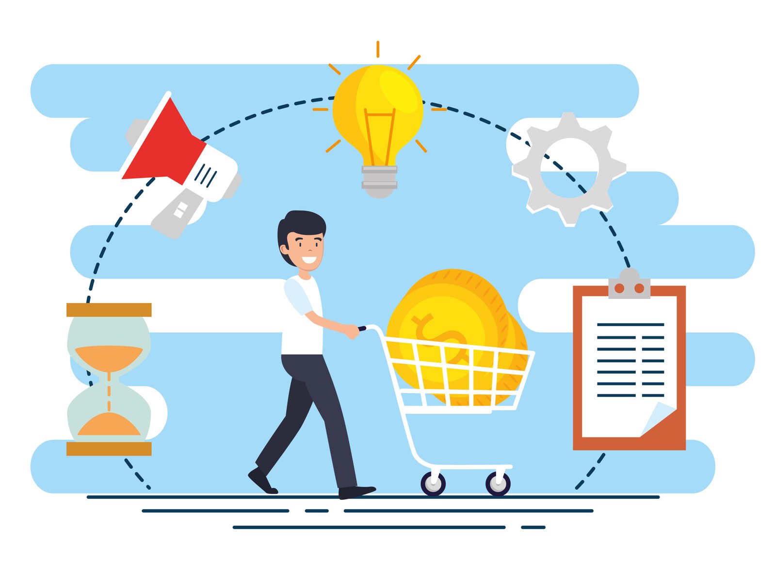 Illustration of a man with a shopping cart and business icons showing