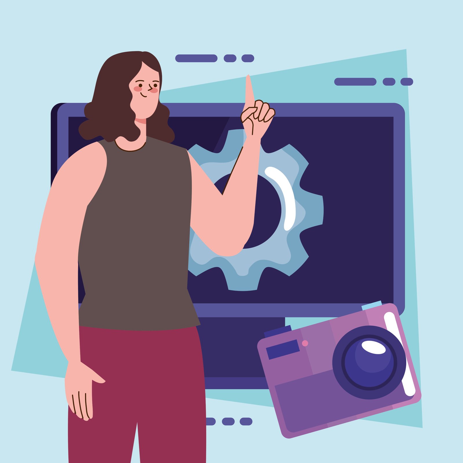 female holding a camera, styled in a flat-vector illustration