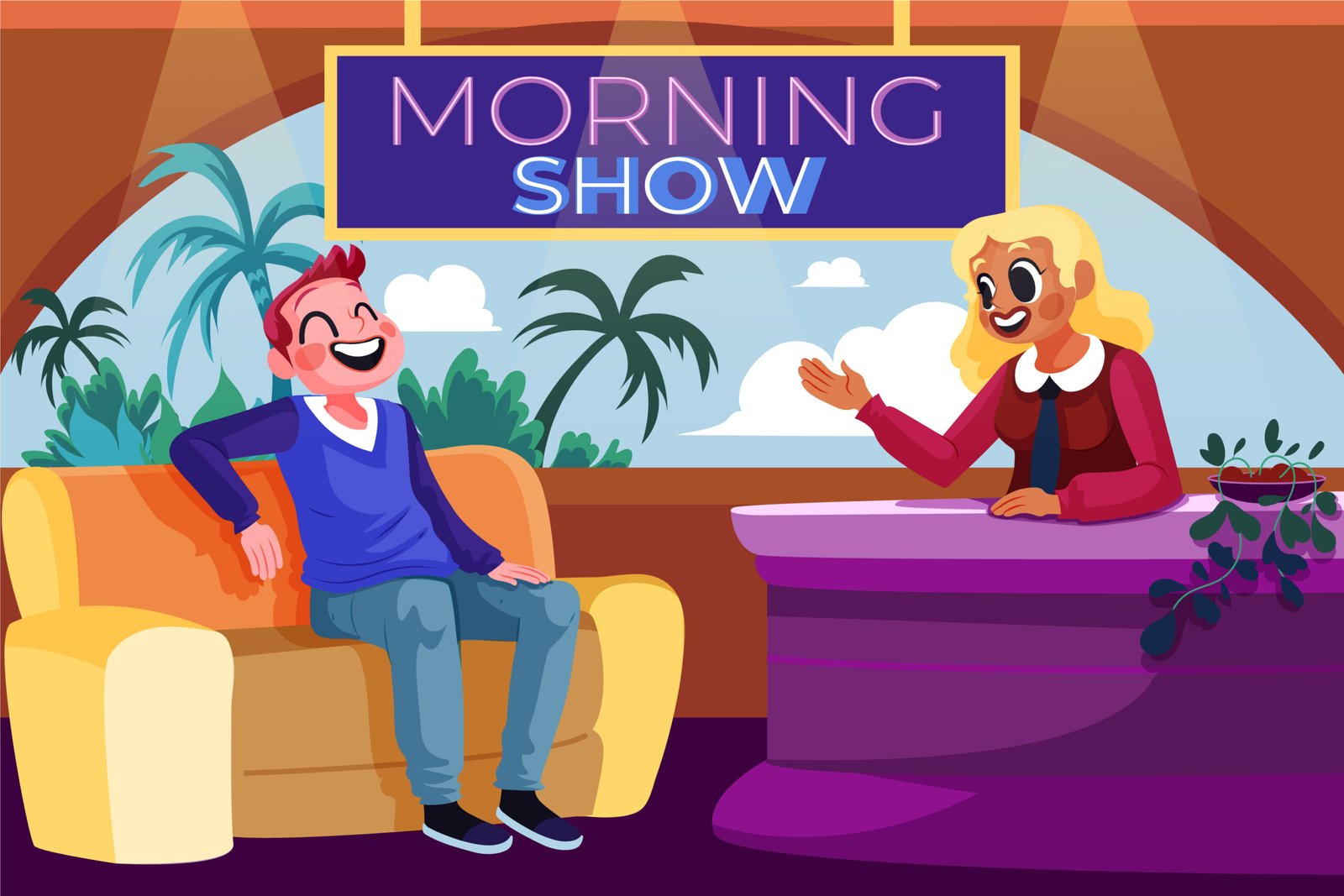A morning talk show, showing two people interacting with each other