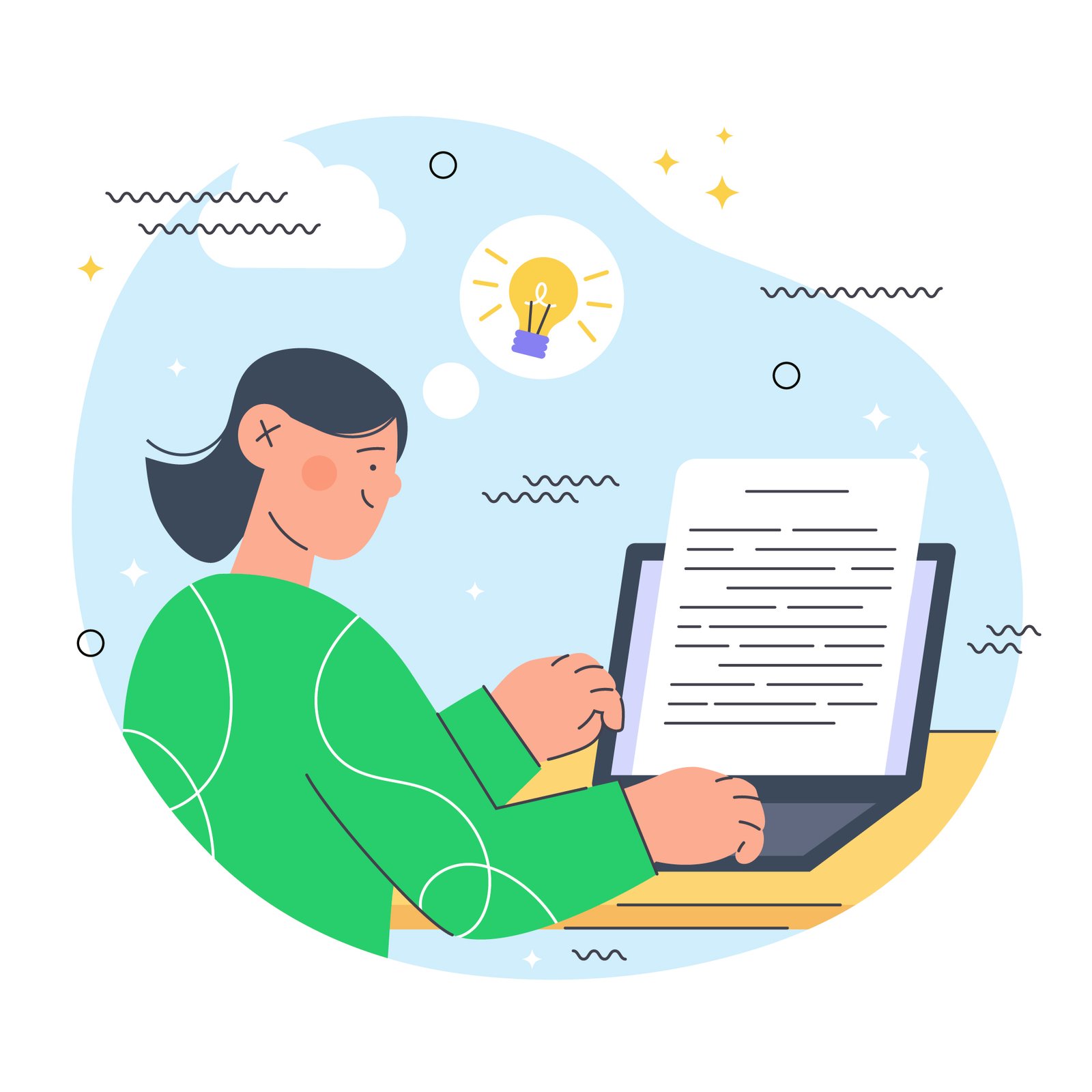 Hand-drawn illustration of a person writing an essay with creative elements around the page