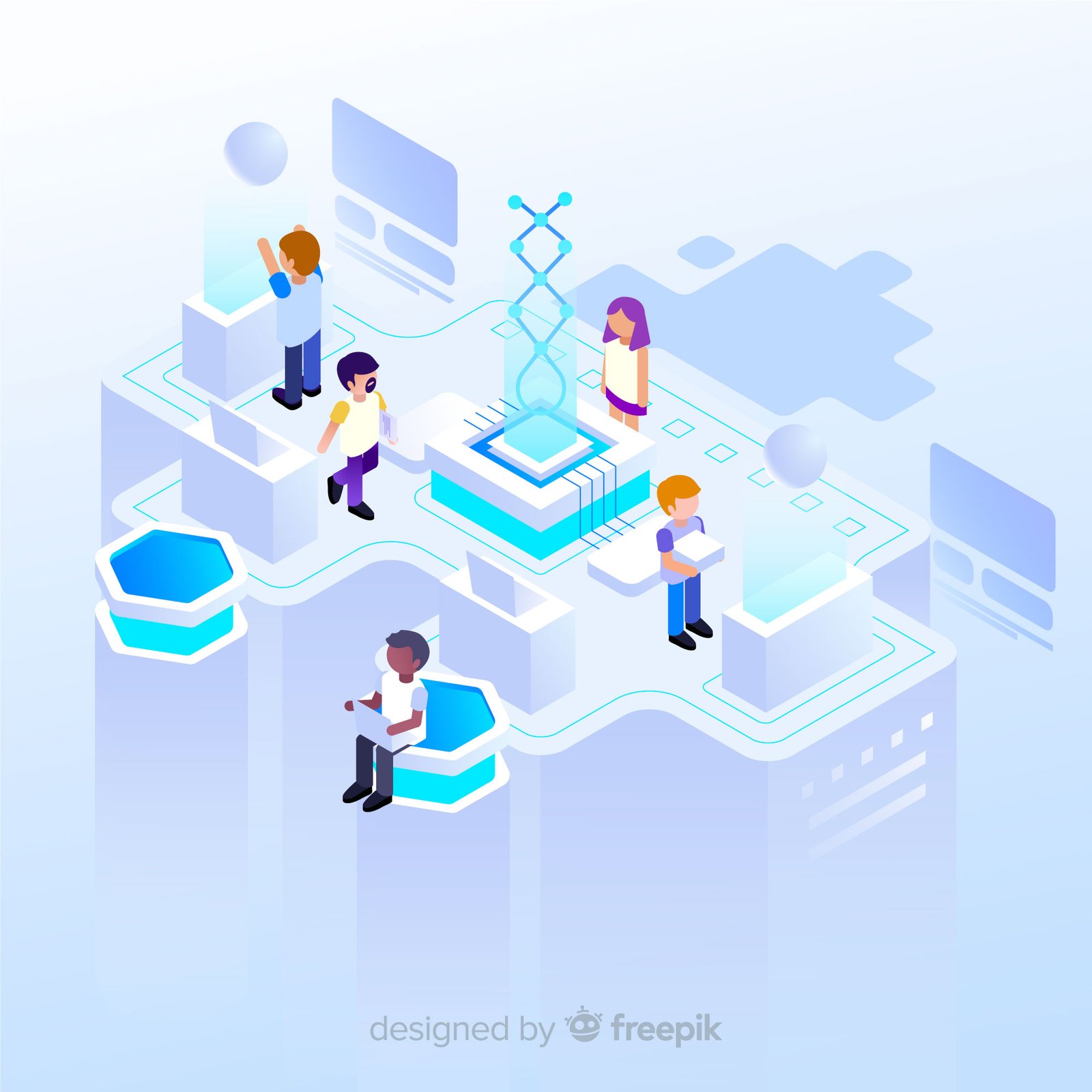 illustration of people interacting with charts and digital interfaces, representing data-driven pathways in modern healthcare