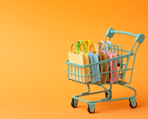 shopping elements including paper bags kept in a trolly