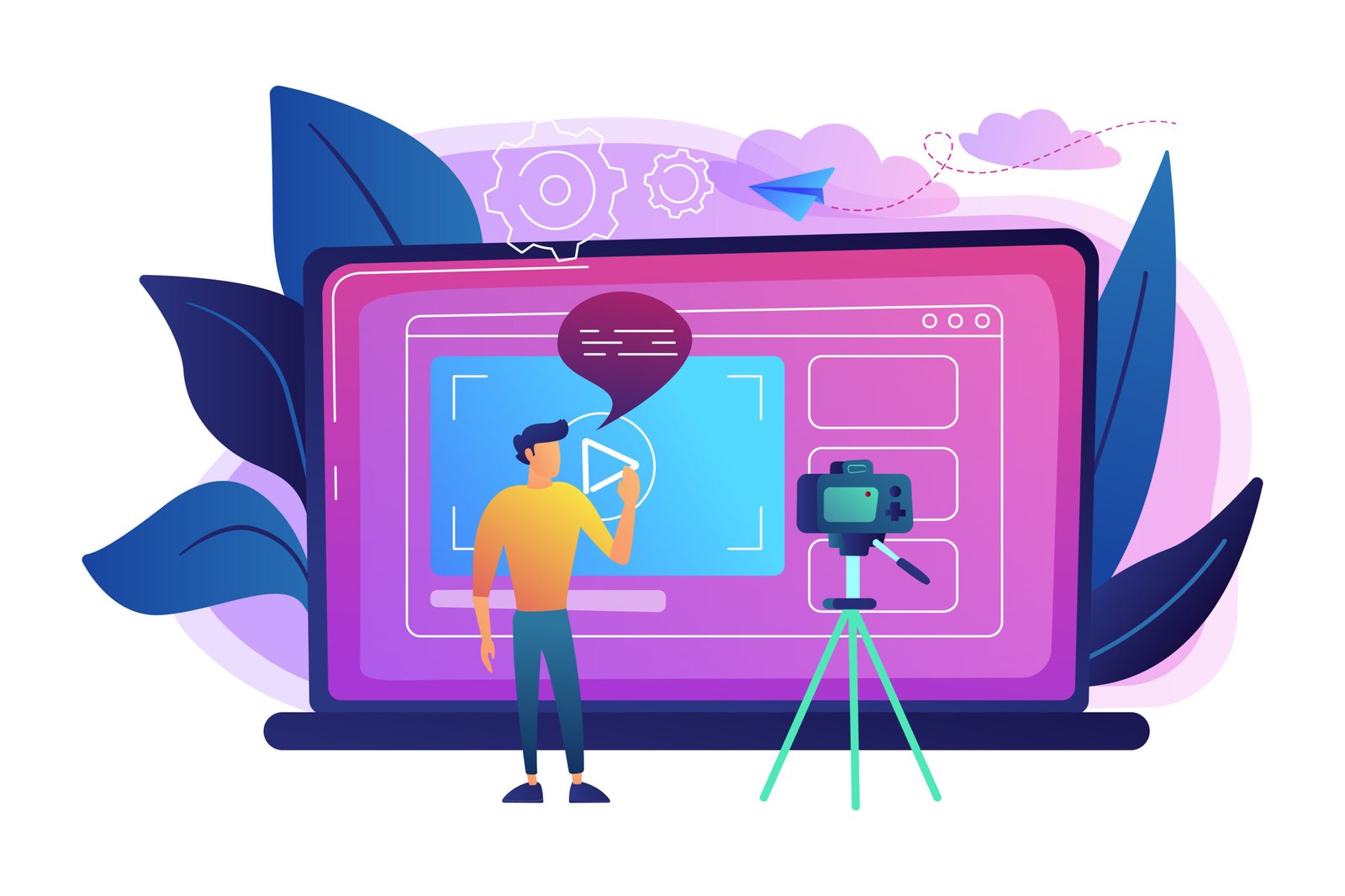 Illustration of a person facing a camera with a recording indicator, representing video creation, editing, and sharing online
