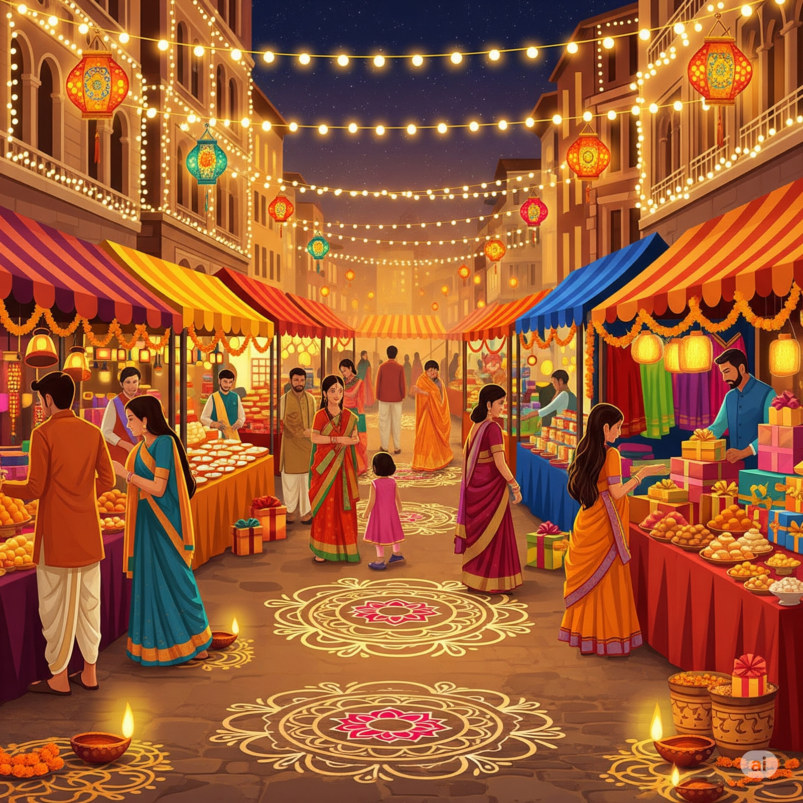 A vibrant digital art depiction of an Indian festival market at night, filled with people, stalls, lights, and traditional decorations.