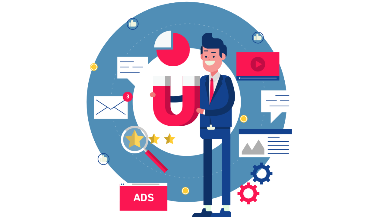 Illustration of a man surrounded by digital advertising elements, symbolising multi-platform marketing strategy