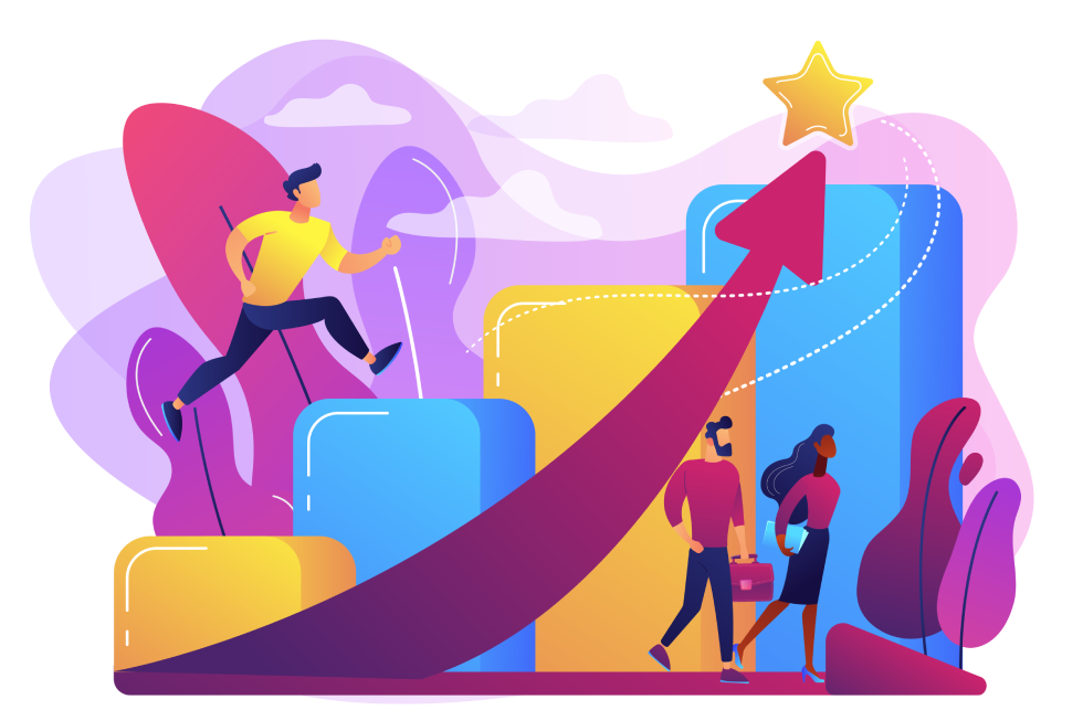 Successful businessman climbing career stairs with rising arrow pointing toward a star