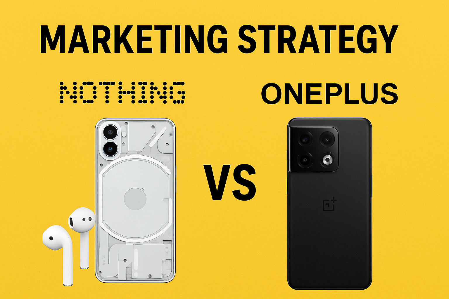 Yellow background graphic showing Nothing phone and earbuds on the left, OnePlus phone on the right, with 'Marketing Strategy' and 'VS' text.