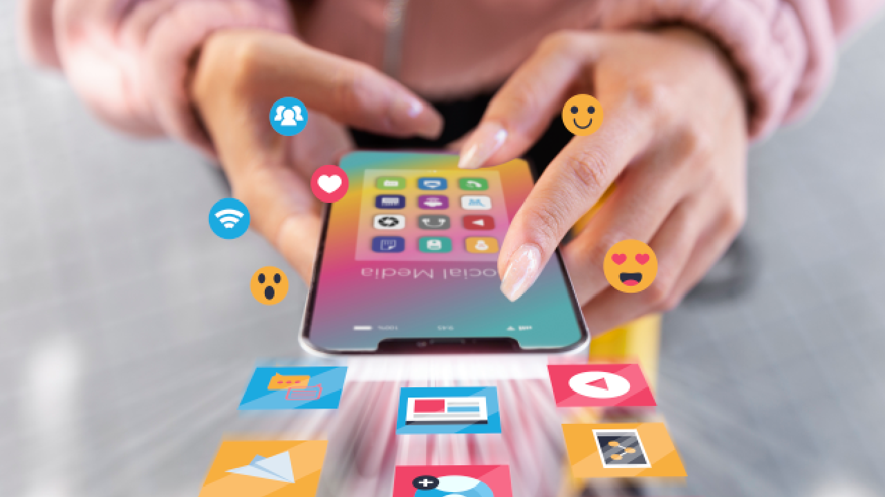 A concept image representing organic social media reach with a man swiping up on a smartphone and lots of reaction icons flying through
