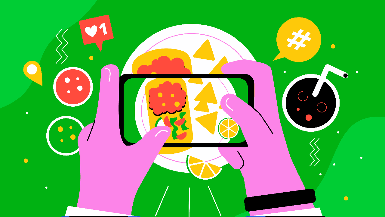 Illustration of a person's hands photographing food on their phone
