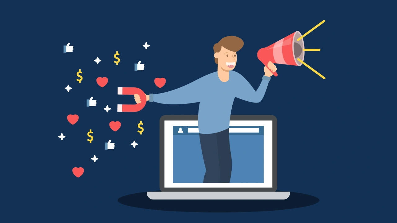 Illustration of a social media influencer creating content with digital marketing elements in a flat design style.