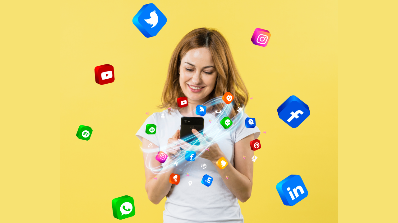 Front view woman holding a smartphone