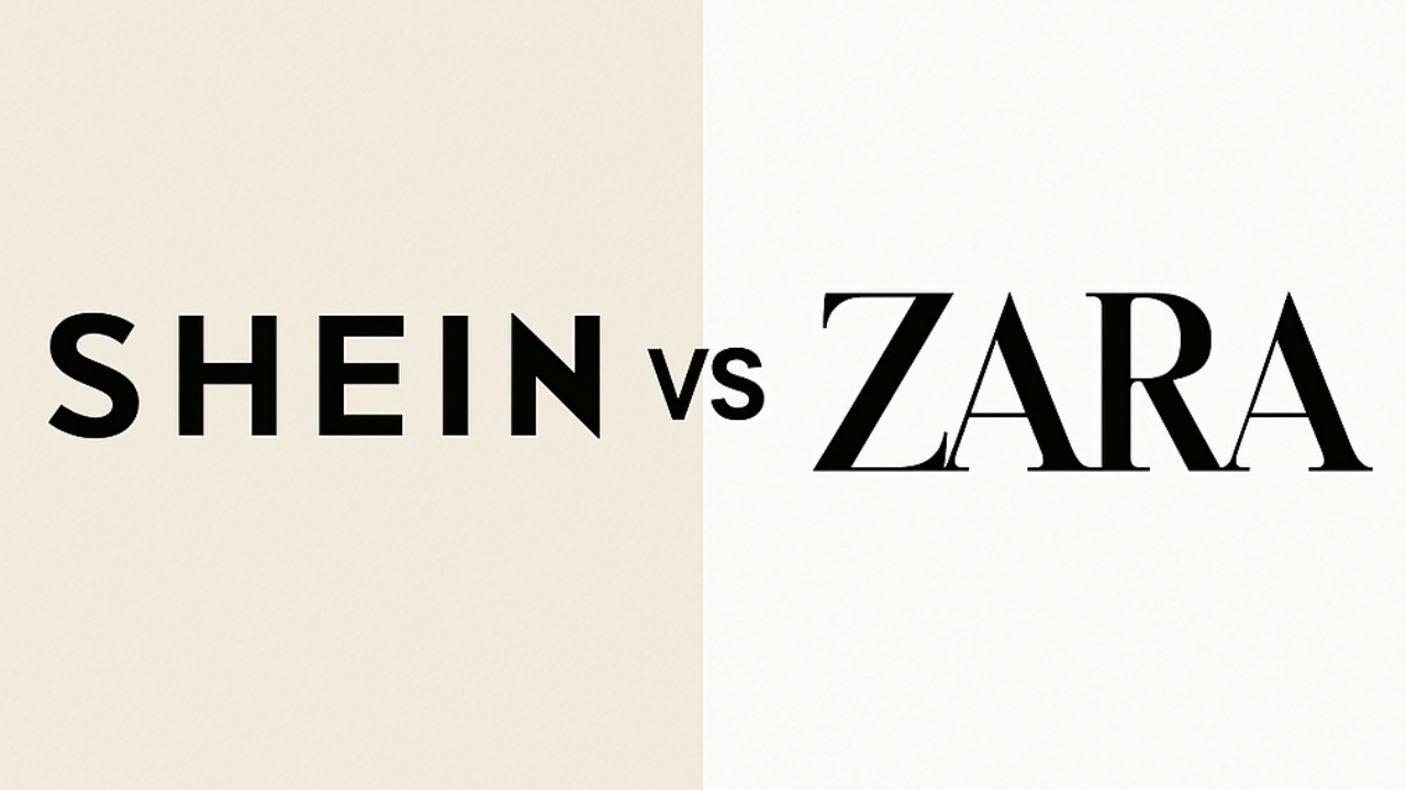 A minimalistic, clean graphic image in cream and white, with the text Shein vs Zara written across it