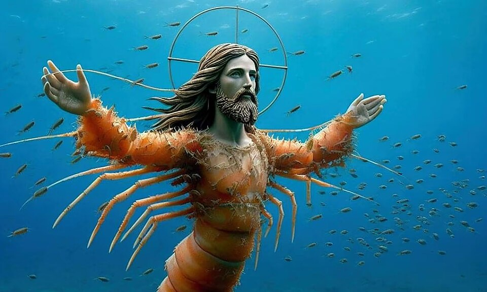 An AI-generated image of Jesus morphed from a shrimp underneath the ocean
