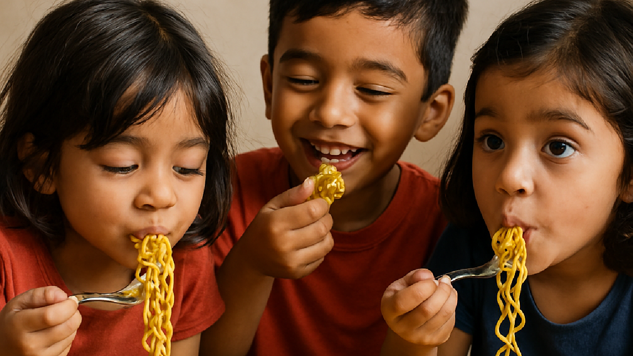 ai AI-generated image of kids eating Maggi and enjoying