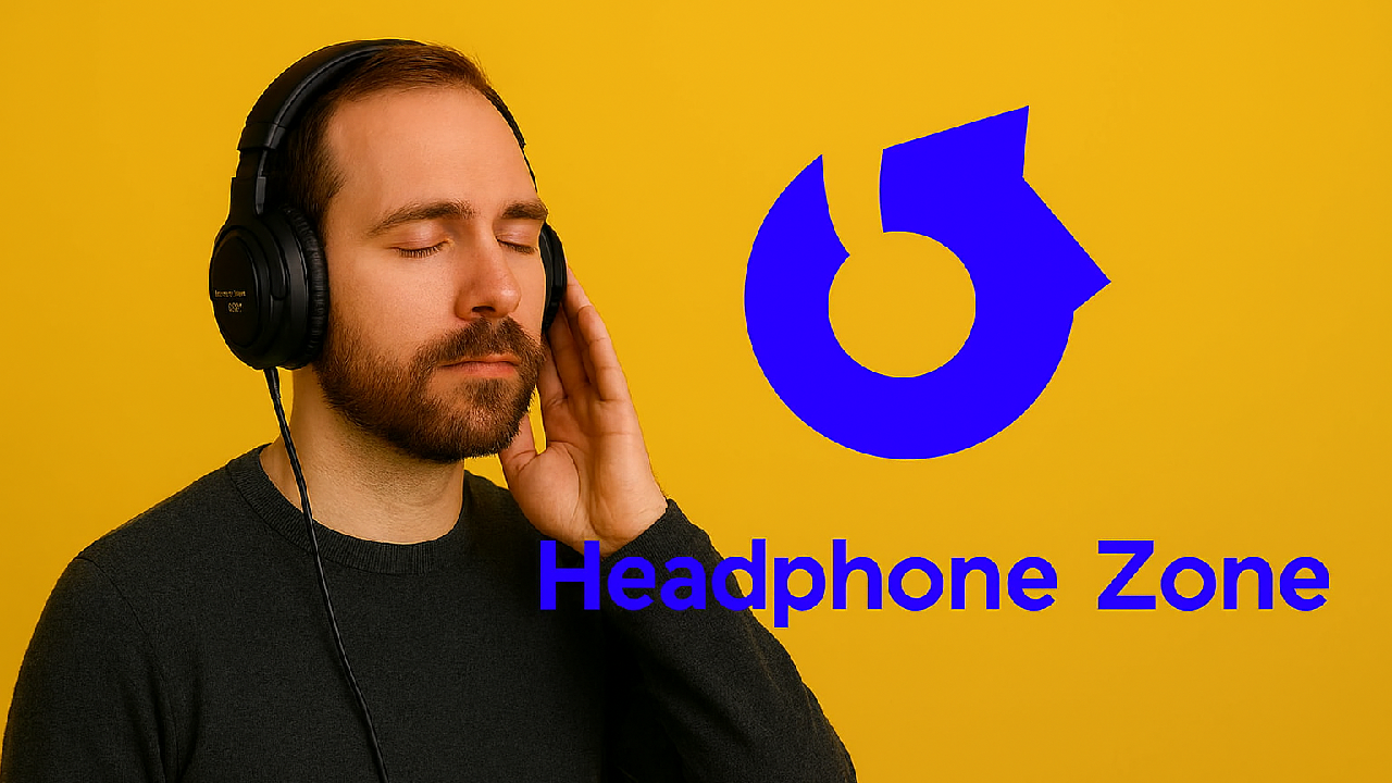 Concept image of a middle-aged man listening to music using over-the-head headphones, on a yellow background with the brand logo in blue