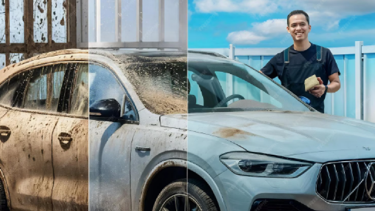 3 split screen of car detailing process