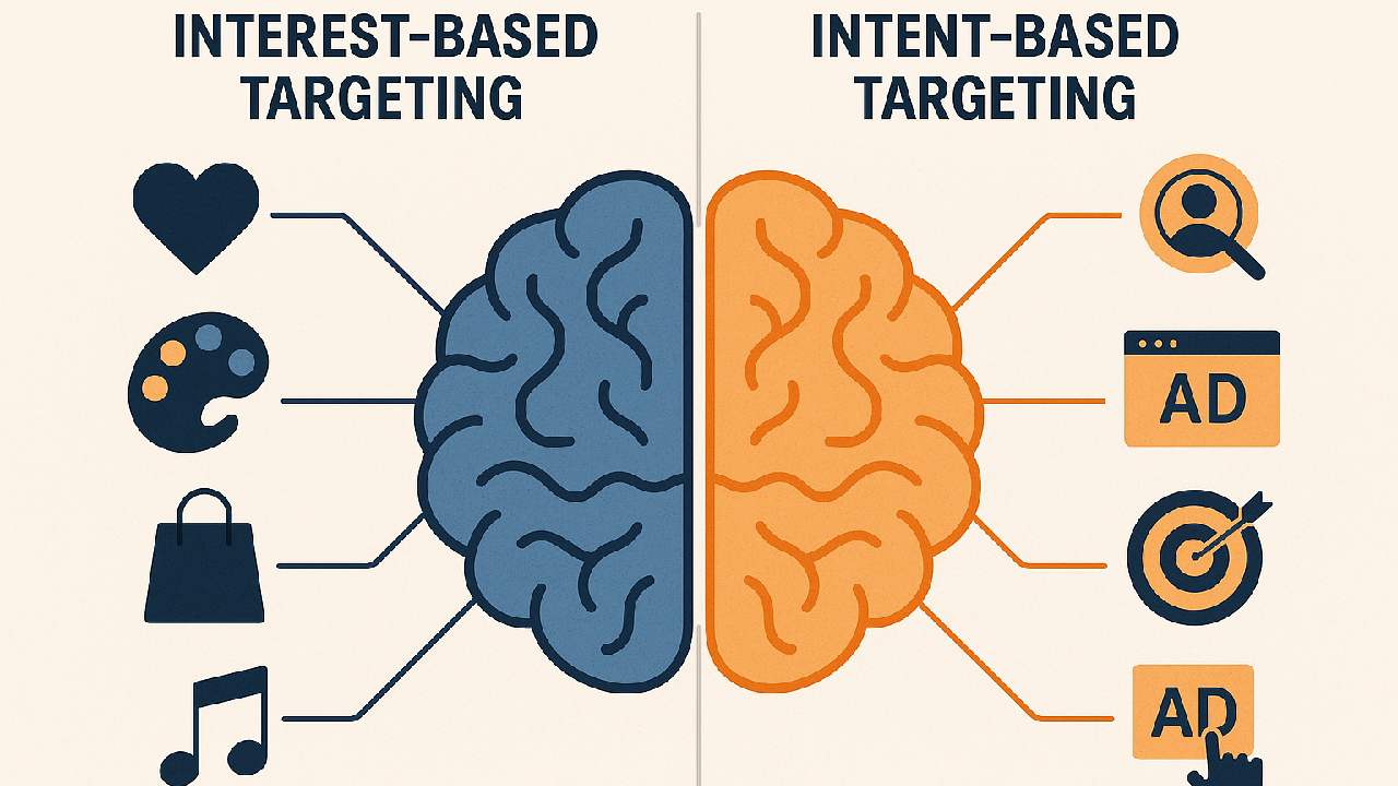 Split-brain illustration showing interest-based targeting on the left and intent-based targeting on the right with advertising icons.