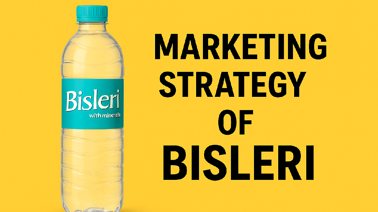 Yellow background graphic showing a Bisleri water bottle with the text "Marketing Strategy of Bisleri" written on it.