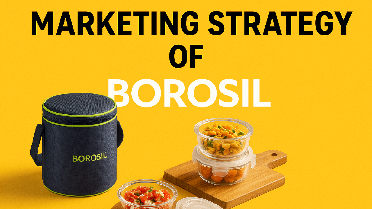 Yellow background image with Borosil lunchbox and containers, with the text “Marketing Strategy of Borosil.”