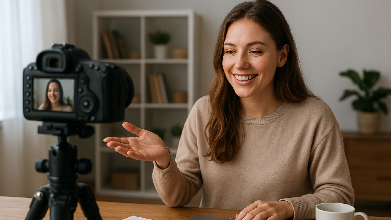 a girl recording content while looking at a camera