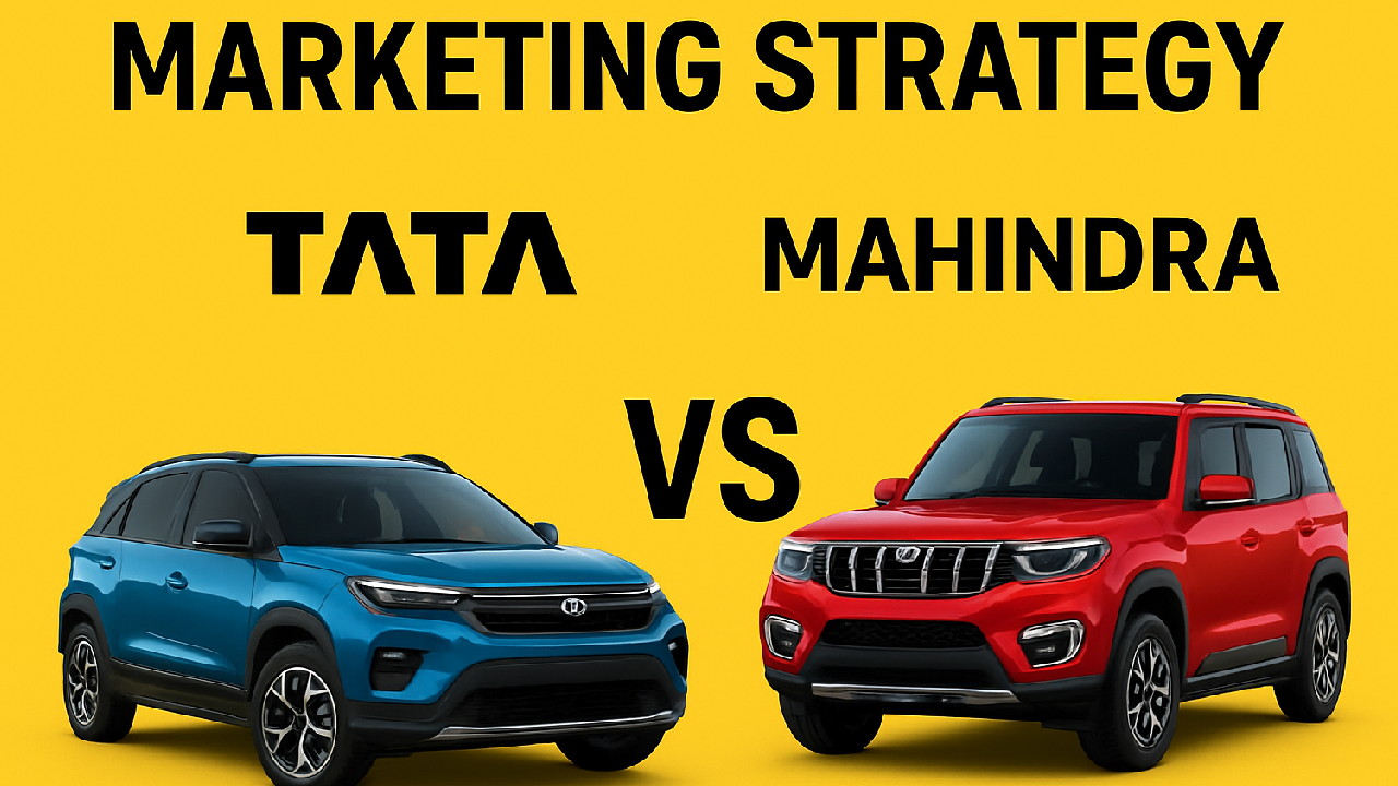 Yellow background graphic showing Tata car on the left, Mahindra car phone on the right, with 'Marketing Strategy' and 'VS' text.
