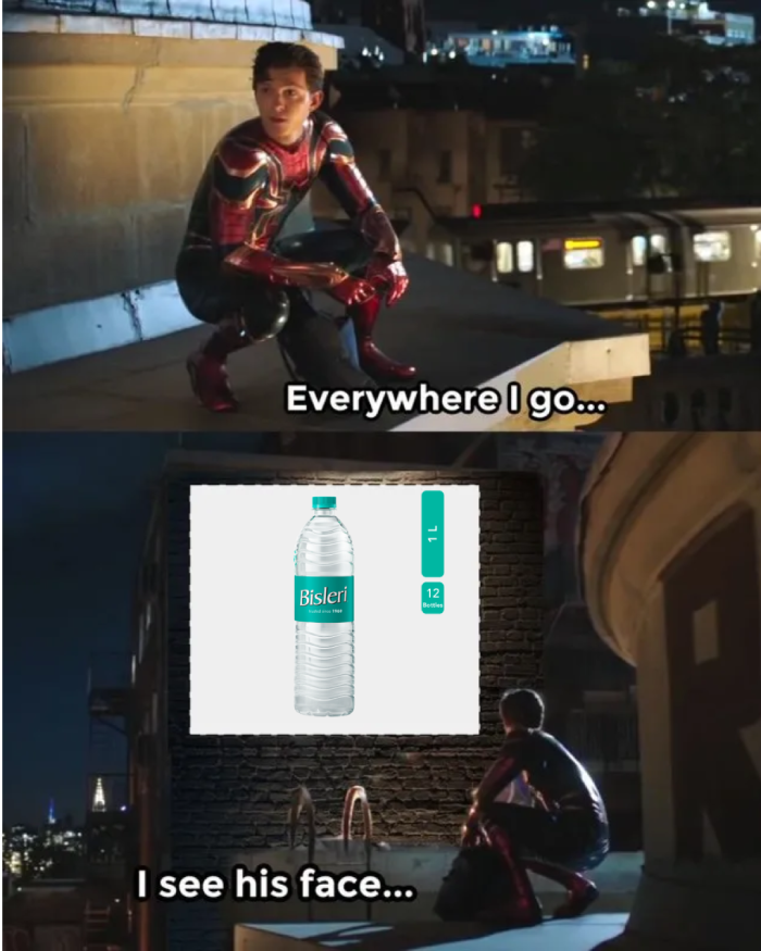 Spider-Man meme with text “Everywhere I go… I see his face,” showing a Bisleri water bottle in the second panel.
