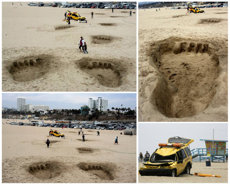  Massive footsteps formed on the beach sands while a yellow crushed truck is parked beside it
