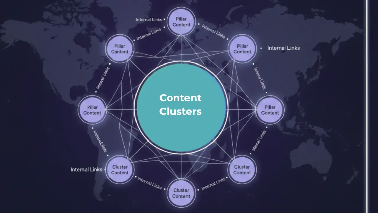 Content cluster diagram showing a central pillar page connected to multiple cluster pages through strategic internal links for SEO optimisation