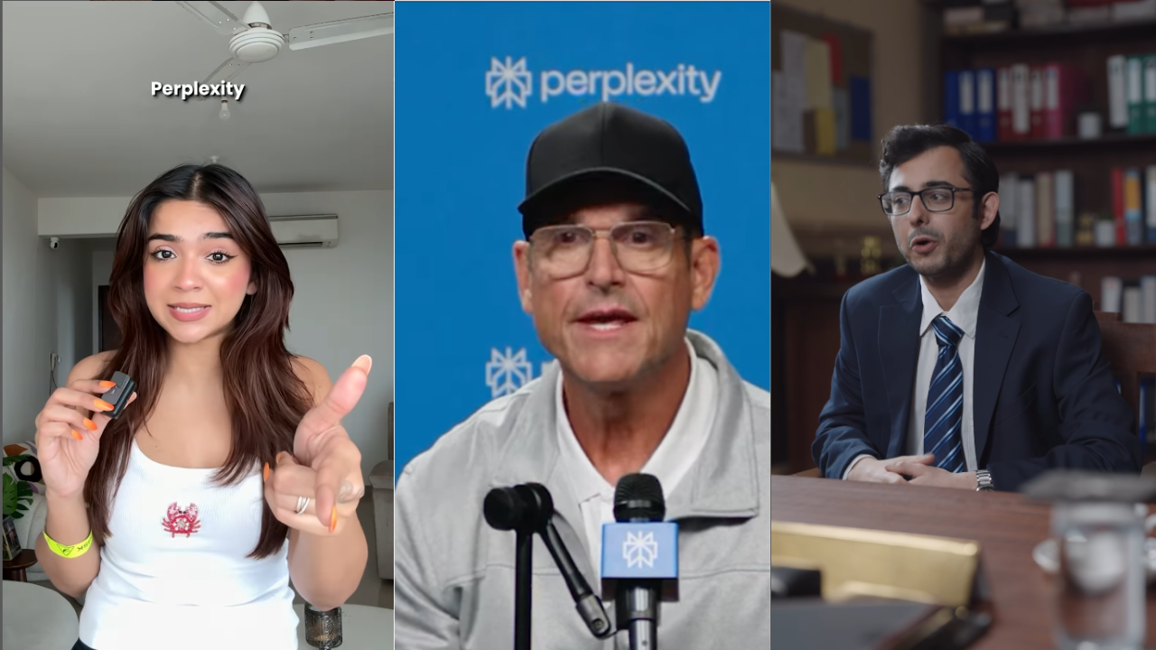 A collage showing snapshots of influencers Ajay Nagar, Apoorva Mukhija, and Football Coach Jim Harbaugh promoting the Perplexity AI tool