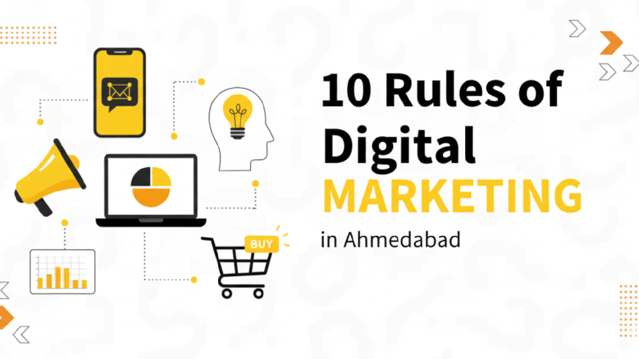 Image reading '10 Rules of Digital Marketing in Ahmedabad' with black and yellow text overlaying a digital cityscape background, featuring graphs, data networks and social media icons.
