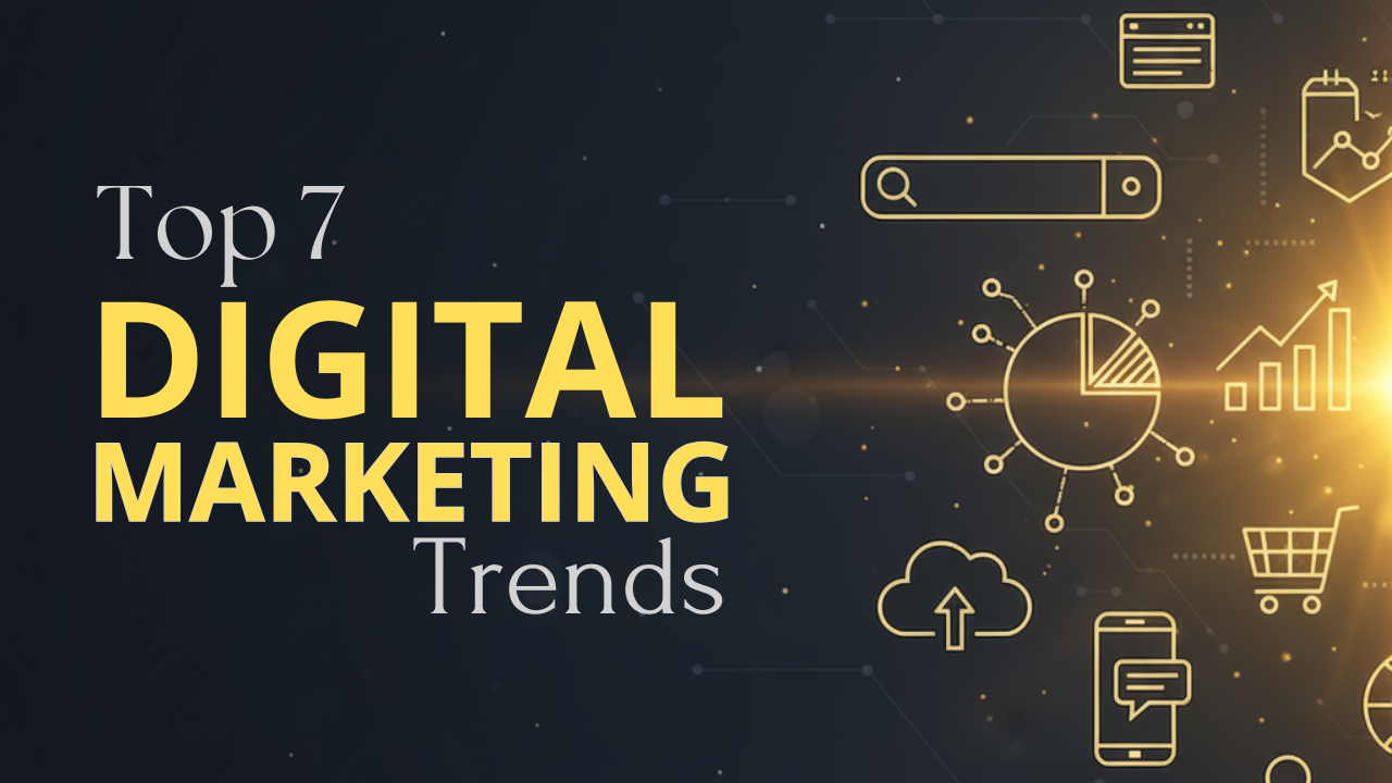 A design with SEO elements emerging from right side and ‘Top 7 Digital Marketing Trends’ written on right