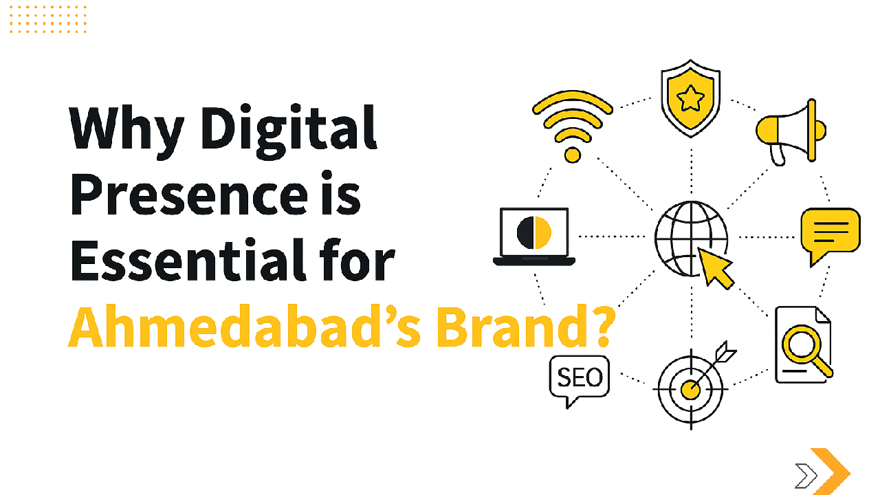 Digital presence banner with Ahmedabad’s Brand highlighted and connected marketing icons on a white background.