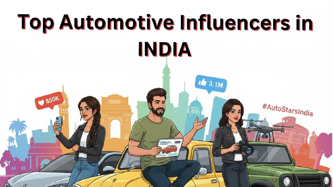 An artwork depicting India's top automobile influencers on various car models