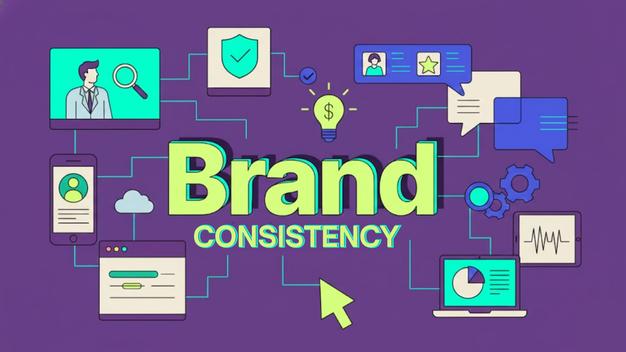 Brand consistency across digital channels showing matching visual identity, messaging and user experience from ads through social media to website