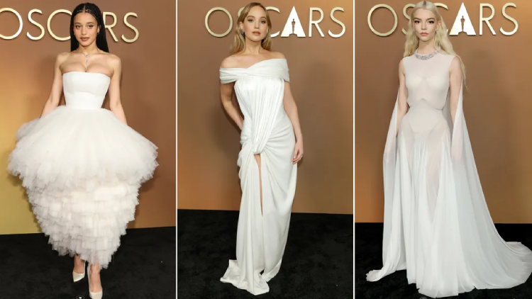Global actresses in Cloud Dancer coloured dresses on the red carpet of the Oscars 2025