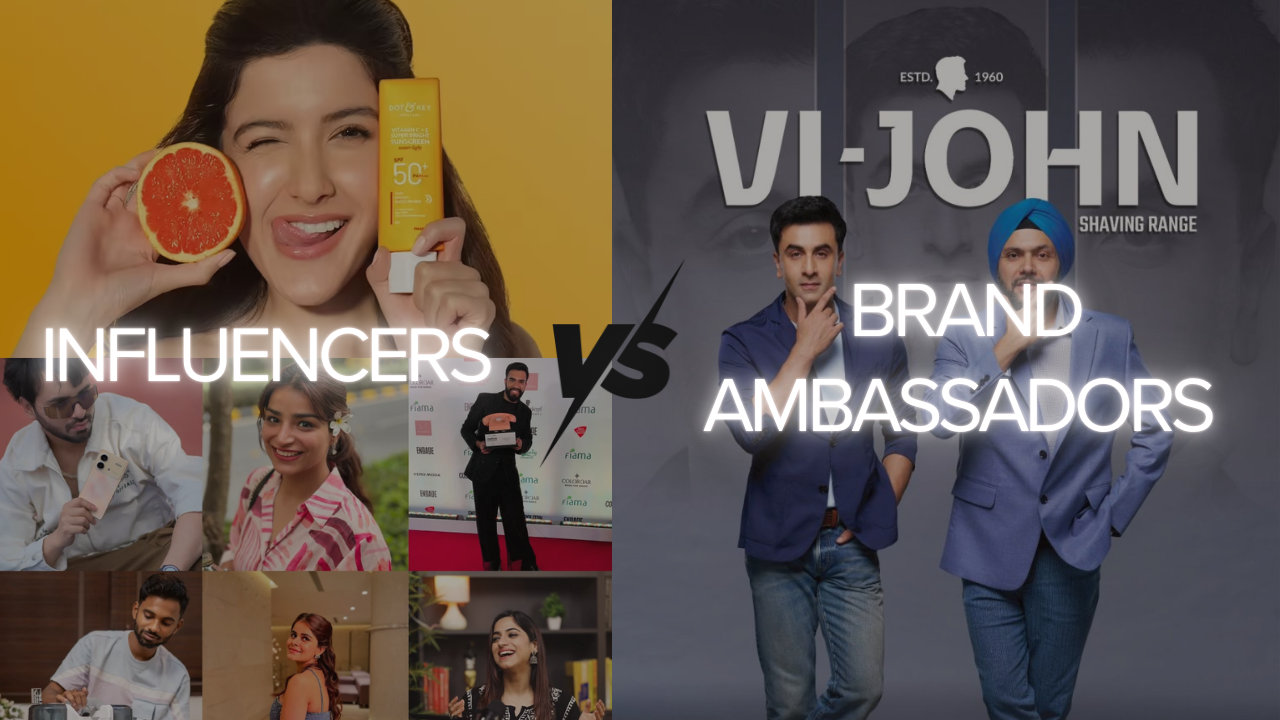 Comparison visual showing influencer marketing for short-term campaigns versus brand ambassadors for long-term loyalty building