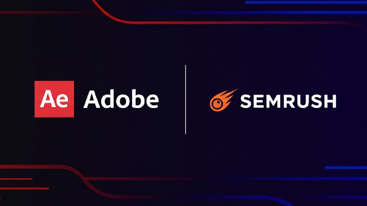 Adobe and Semrush logos placed next to each other on a black graphic background
