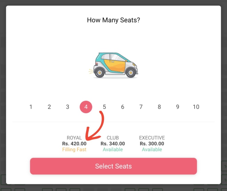 The “Filling fast” tag of the premium seats in the Book My Show App