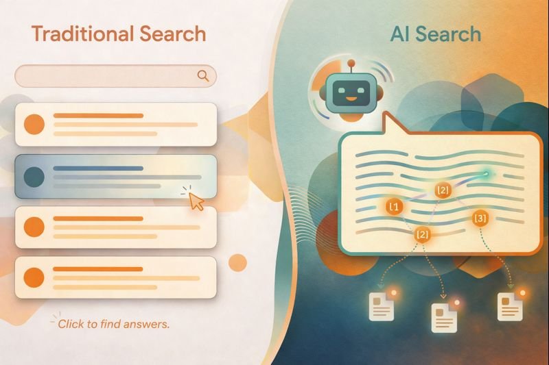 A visual graphic explaining the difference between traditional search and AI search