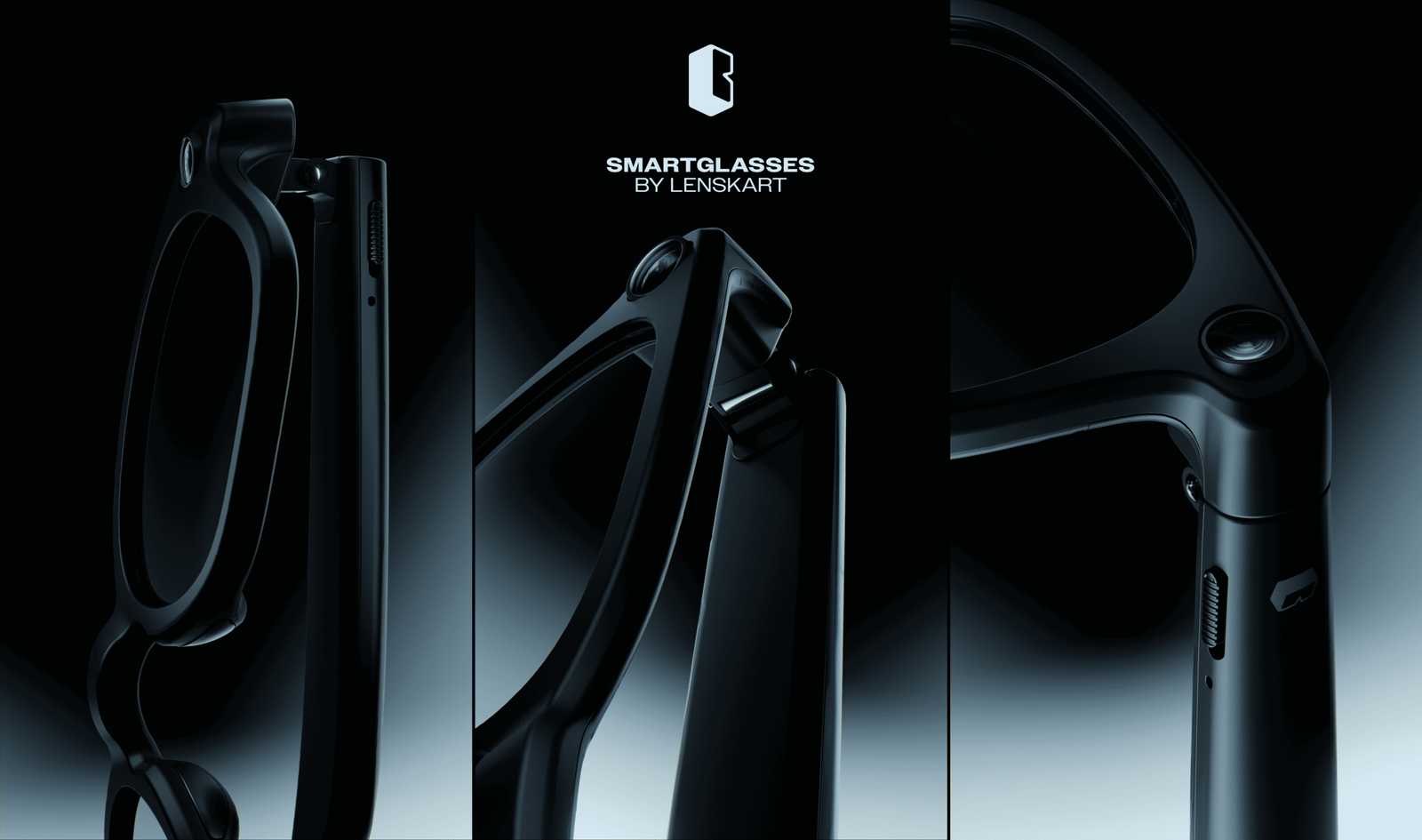 A graphic design banner with close-up shots of a black spectacle frame 