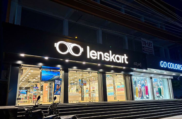 A well-lit storefront of Lenskart in Vishakhapattanam 