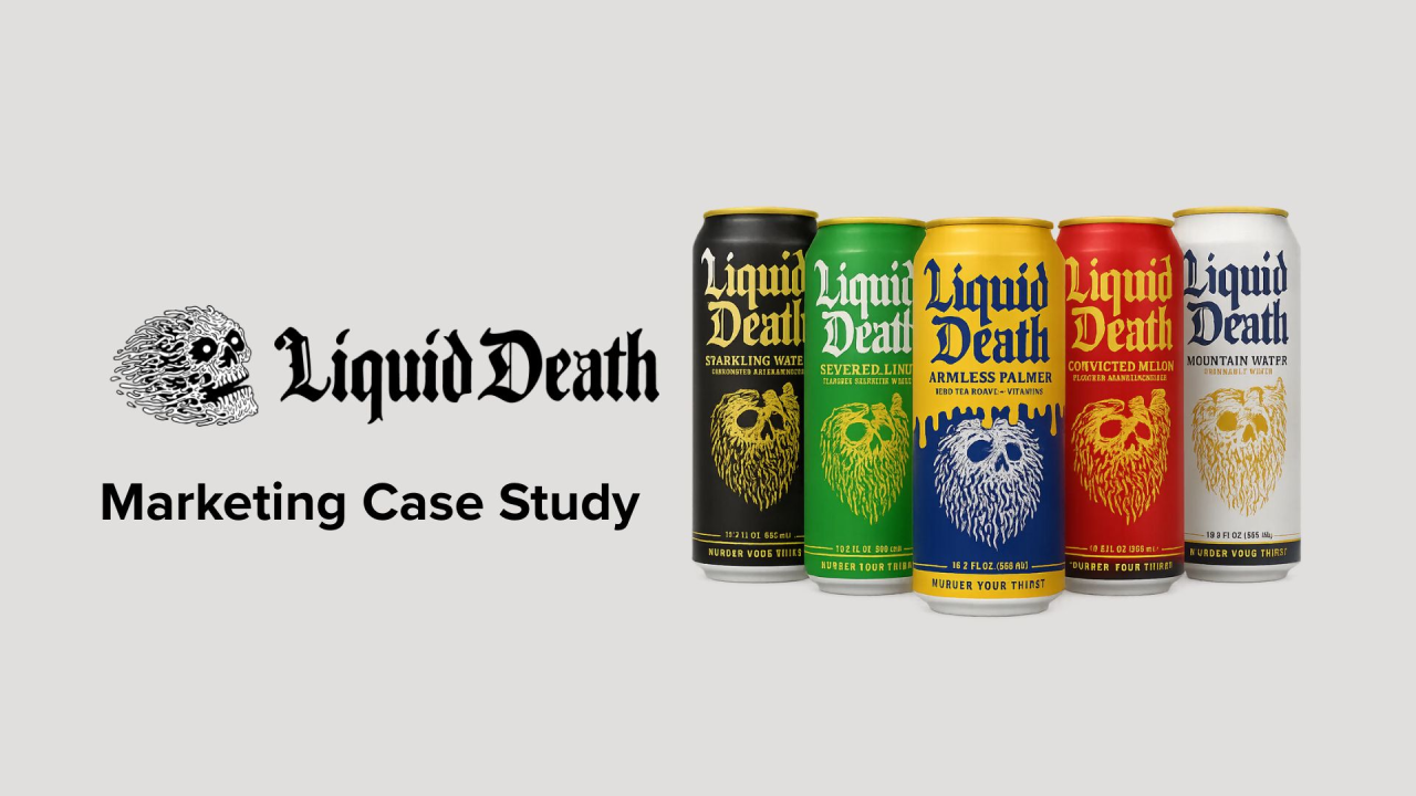 Liquid Death tallboy can with text overlay reading “Liquid Death marketing case study”