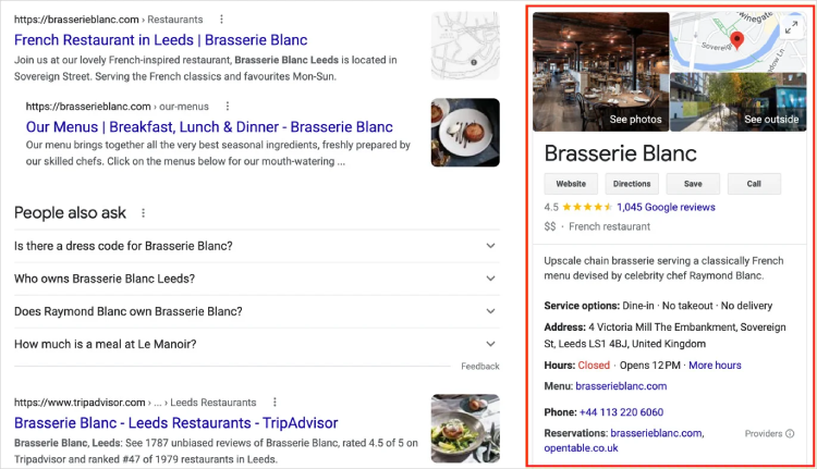 an example of a Google Business Profile appearing in a search for “Brasserie Blanc Leeds.