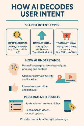 Infographic showing how AI interprets user search intent and delivers personalised results.