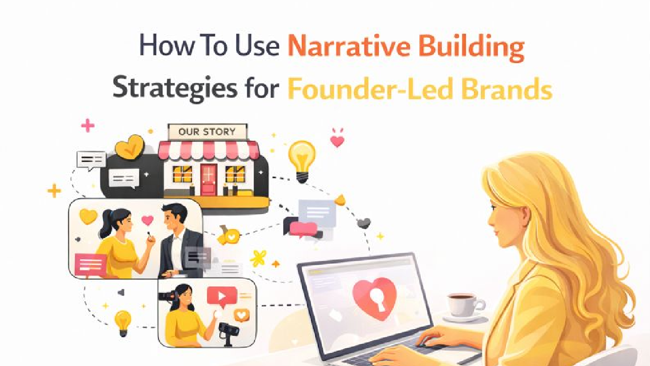 Illustration showing narrative building for founder-led personal brands, featuring a silhouetted founder, open notebook, lightbulb, megaphone and communication icons against a city backdrop.