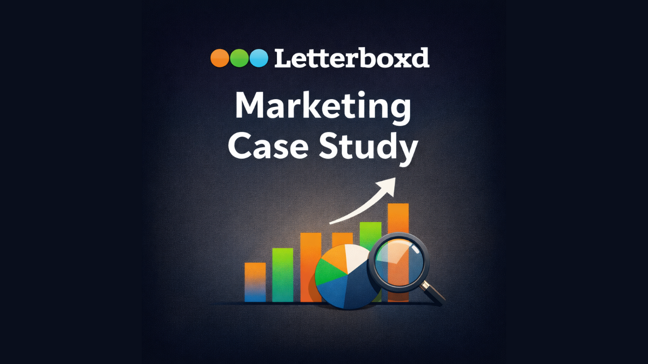 Graphic titled “Letterboxd Marketing Case Study” showing upward growth charts, a magnifying glass and analytics icons representing marketing performance analysis.