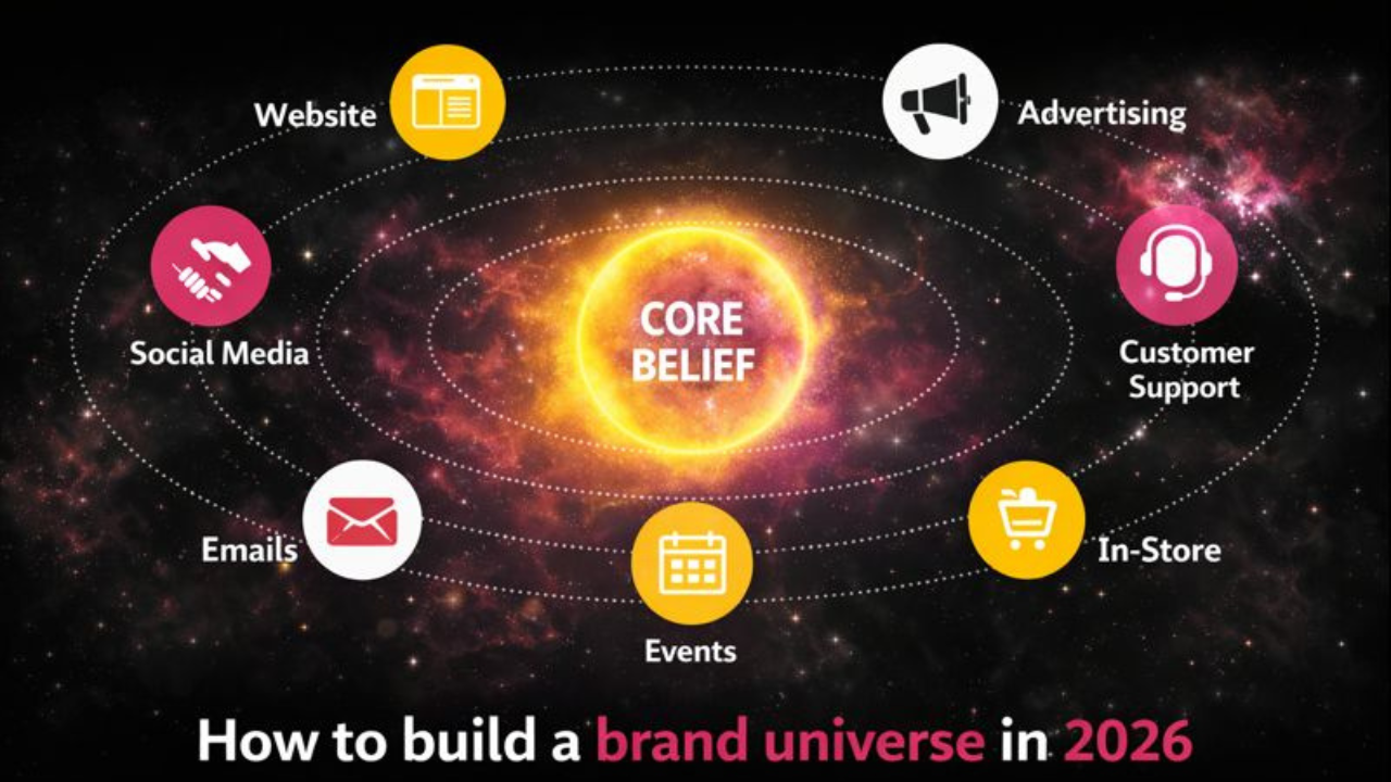 A visual diagram showing a "Solar System" of brand touchpoints orbiting a central Core Belief, rather than a linear funnel