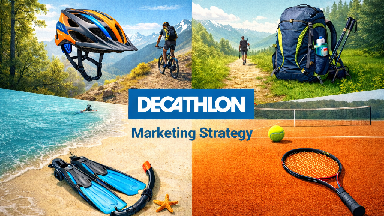 Visual representation of Decathlon's unique marketing strategy showing experiential retail, affordability positioning and vertical integration model.