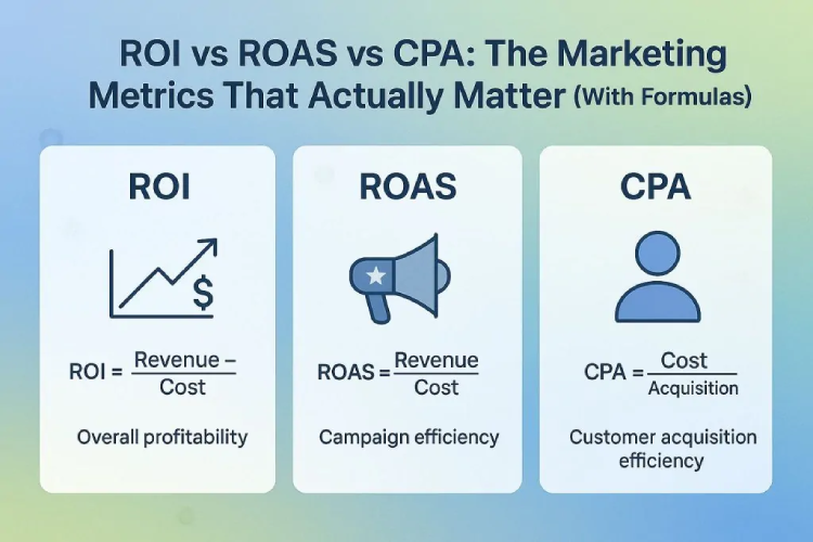 An infographic explaining the difference between ROI, ROAS and CPA