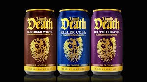 A graphic of premium beverage cans named Liquid Death